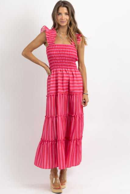 Women's Striped Sleeveless Ruffled Skirt Long Sweet dress Women
