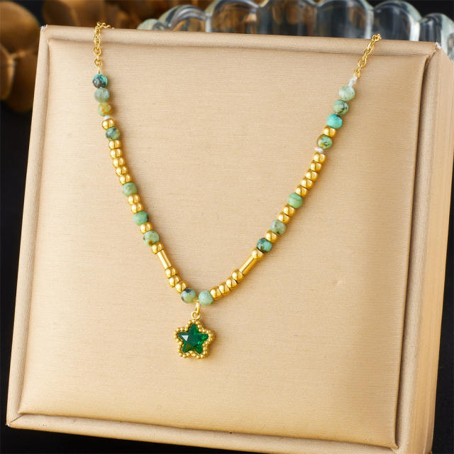 Summer fresh green color cubic zircon inlaid star pendant stainless steel necklace