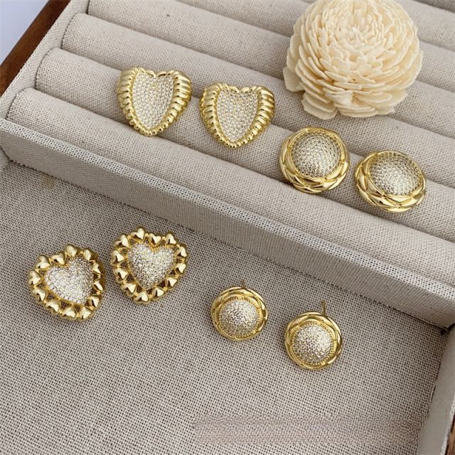 Multi-style copper plated 18k gold inlaid with full diamond zircon love circle style earrings