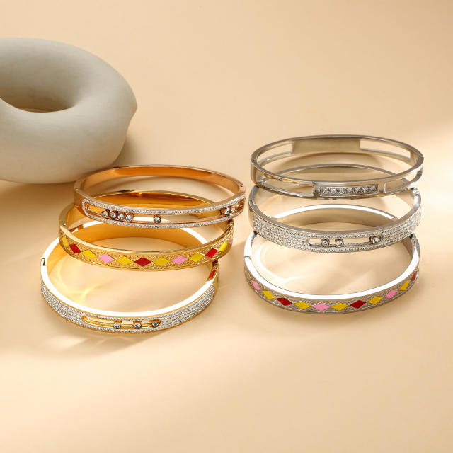 Elegant rhinestone setting color enamel stainless steel bangle