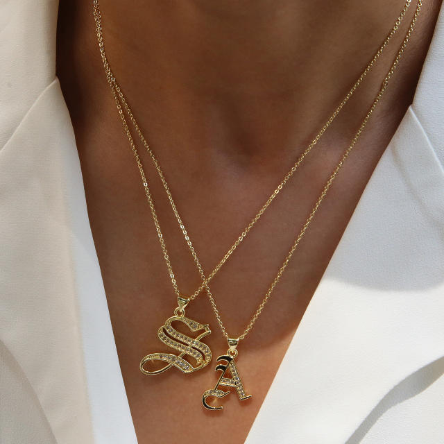 18K gold plated copper diamond initial letter pendant necklace