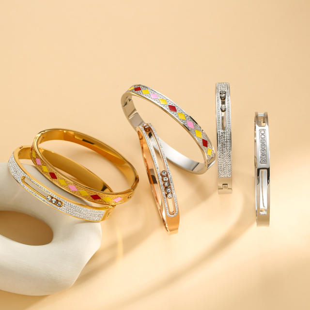 Elegant rhinestone setting color enamel stainless steel bangle