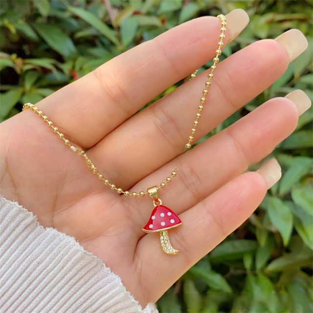 Sweet enamel mushroom pendant gold plated copper necklace