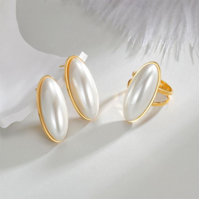 Oval shape pearl stainless steel earrings rings suit