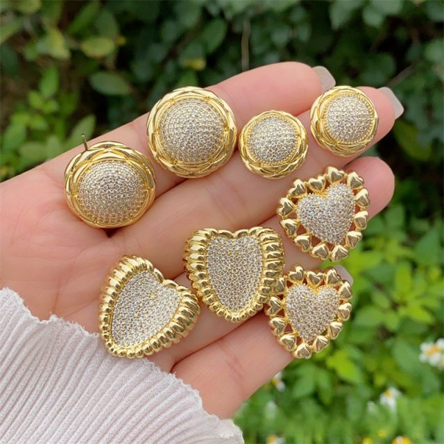 Multi-style copper plated 18k gold inlaid with full diamond zircon love circle style earrings