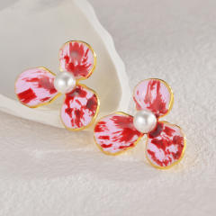 Elegant enamel three petal flower stainless steel earrings