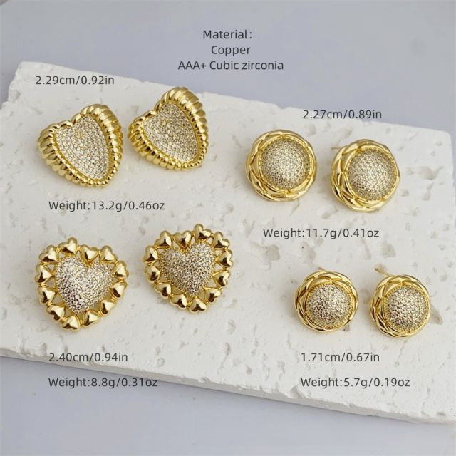 Multi-style copper plated 18k gold inlaid with full diamond zircon love circle style earrings