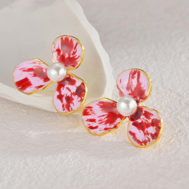 Elegant enamel three petal flower stainless steel earrings