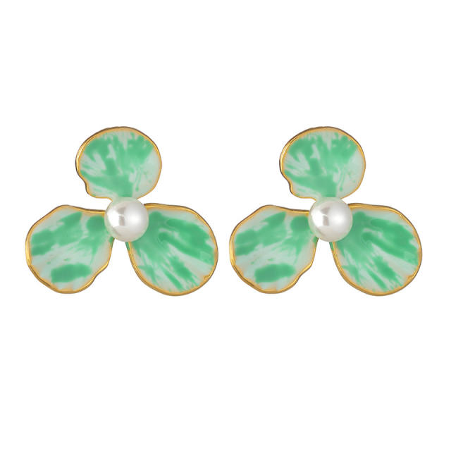 Elegant enamel three petal flower stainless steel earrings