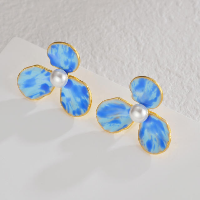 Elegant enamel three petal flower stainless steel earrings