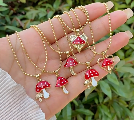 Sweet enamel mushroom pendant gold plated copper necklace