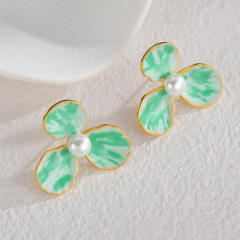 Elegant enamel three petal flower stainless steel earrings