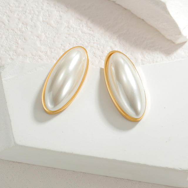 Oval shape pearl stainless steel earrings rings suit