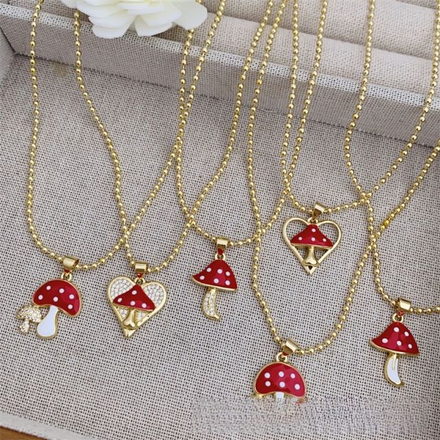 Sweet enamel mushroom pendant gold plated copper necklace