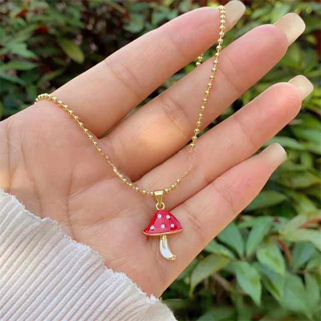 Sweet enamel mushroom pendant gold plated copper necklace