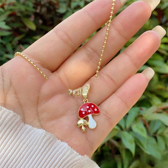 Sweet enamel mushroom pendant gold plated copper necklace