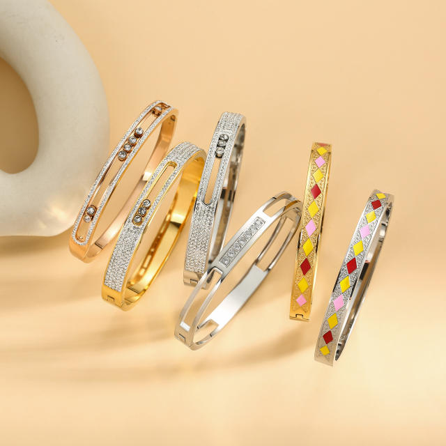 Elegant rhinestone setting color enamel stainless steel bangle