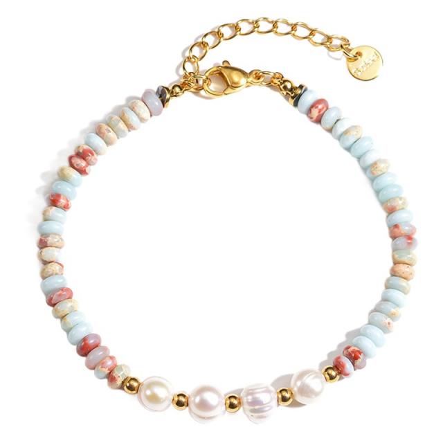Natural stone pearl bead stainless steel bracelet