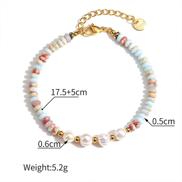 Natural stone pearl bead stainless steel bracelet