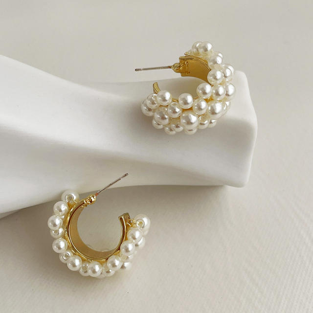 C- shaped pearl earrings female S925 needle simple personalized ear jewelry