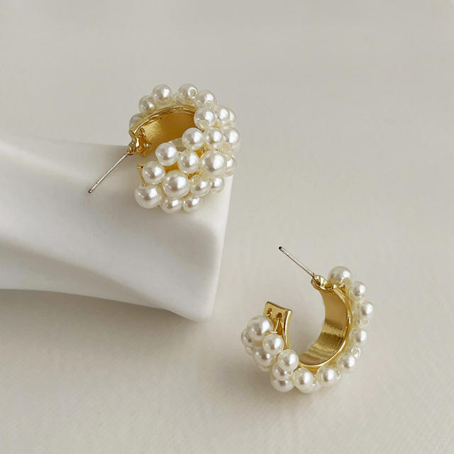 C- shaped pearl earrings female S925 needle simple personalized ear jewelry