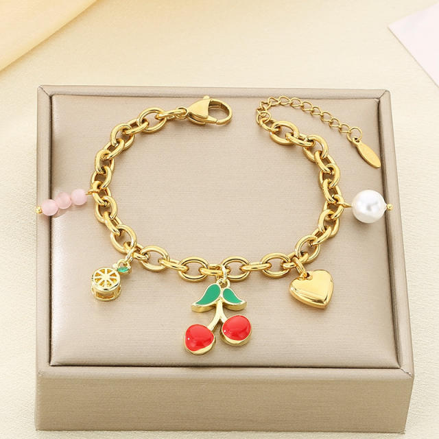 Summer Fresh Colorful Variety Fruit Series Zircon Strawberry stainless steel bracelet