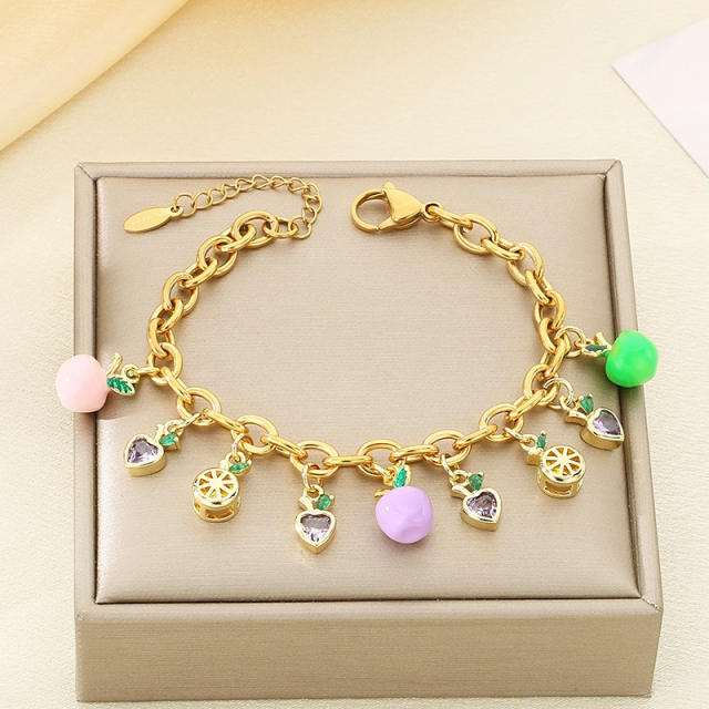 Summer Fresh Colorful Variety Fruit Series Zircon Strawberry stainless steel bracelet