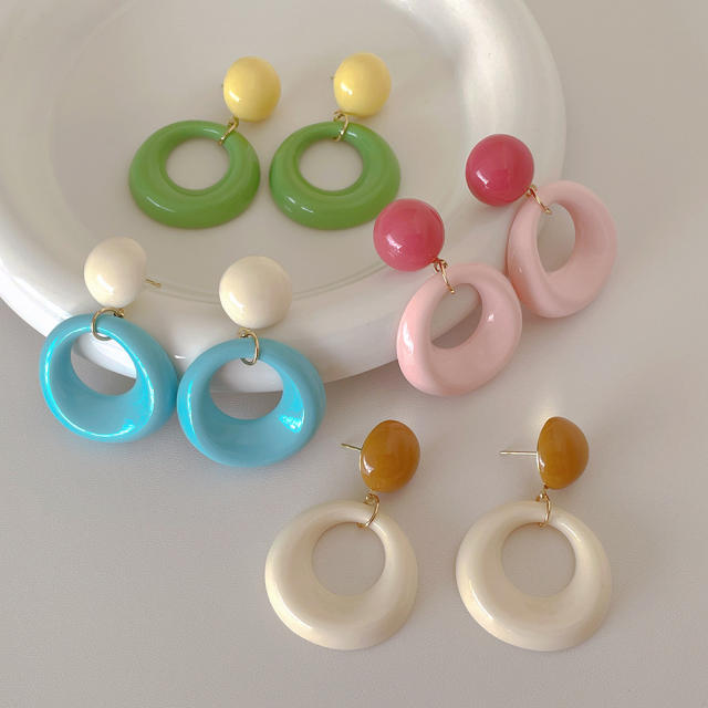 Hong Kong Style Artistic Retro Acrylic Hollow Oval Earrings s925 Silver Needle candy color earrings