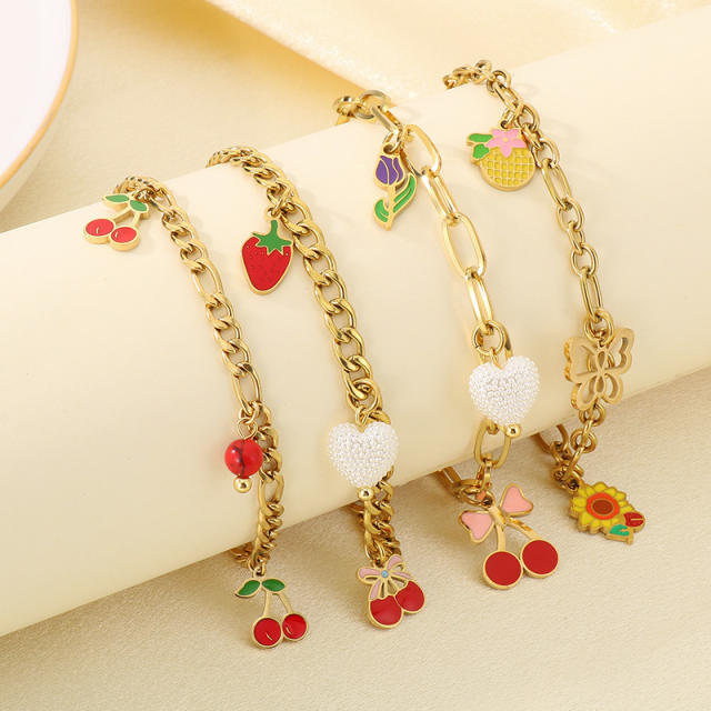 Summer beach sweet enamel fruit charm thick chain stainless steel anklet