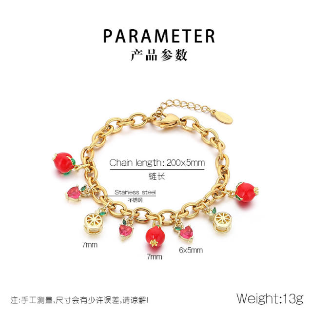 Summer Fresh Colorful Variety Fruit Series Zircon Strawberry stainless steel bracelet