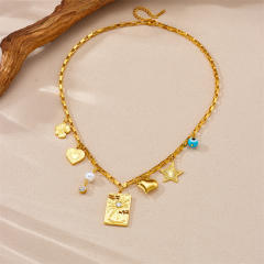 Chunky block heart star charm stainless steel necklace