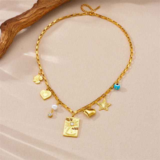 Chunky block heart star charm stainless steel necklace