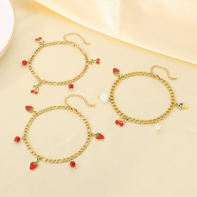 Summer beach sweet enamel fruit charm thick chain stainless steel anklet
