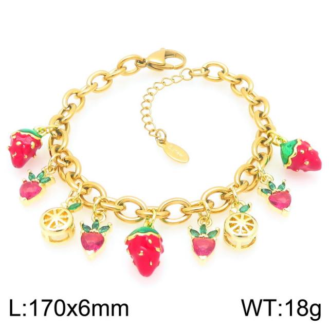 Summer Fresh Colorful Variety Fruit Series Zircon Strawberry stainless steel bracelet