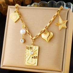 Chunky block heart star charm stainless steel necklace