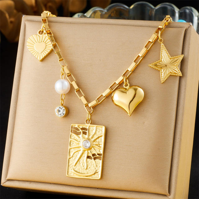Chunky block heart star charm stainless steel necklace