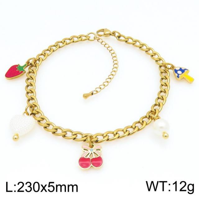 Summer beach sweet enamel fruit charm thick chain stainless steel anklet