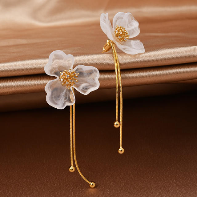 Elegant white acrylic petal flower copper tassel earrings