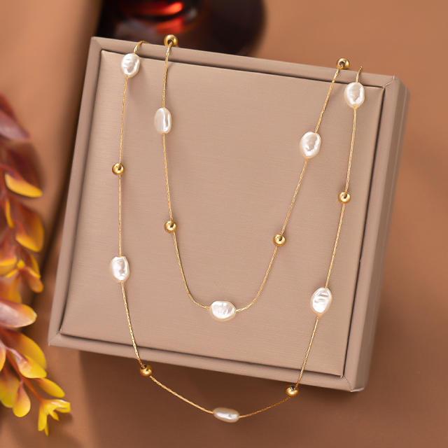 Elegant imitation pearl bead thin chain stainless steel necklace