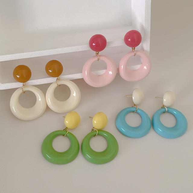 Hong Kong Style Artistic Retro Acrylic Hollow Oval Earrings s925 Silver Needle candy color earrings