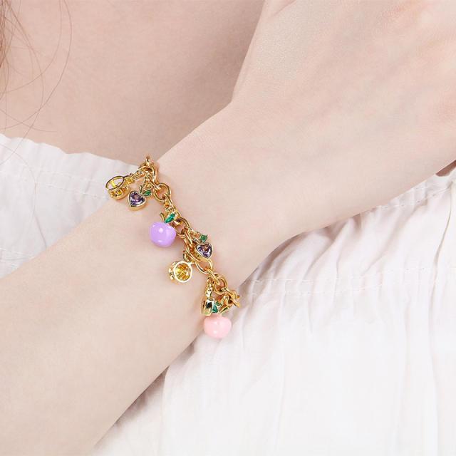 Summer Fresh Colorful Variety Fruit Series Zircon Strawberry stainless steel bracelet