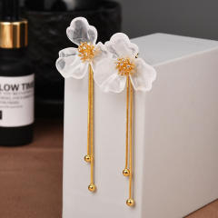 Elegant white acrylic petal flower copper tassel earrings