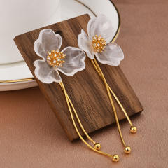 Elegant white acrylic petal flower copper tassel earrings