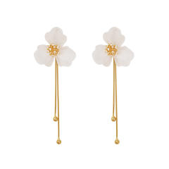 Elegant white acrylic petal flower copper tassel earrings