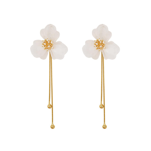 Elegant white acrylic petal flower copper tassel earrings