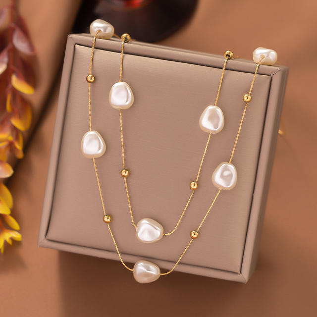 Elegant imitation pearl bead thin chain stainless steel necklace