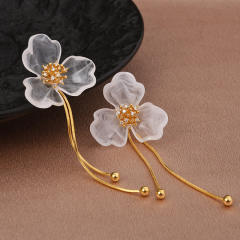 Elegant white acrylic petal flower copper tassel earrings
