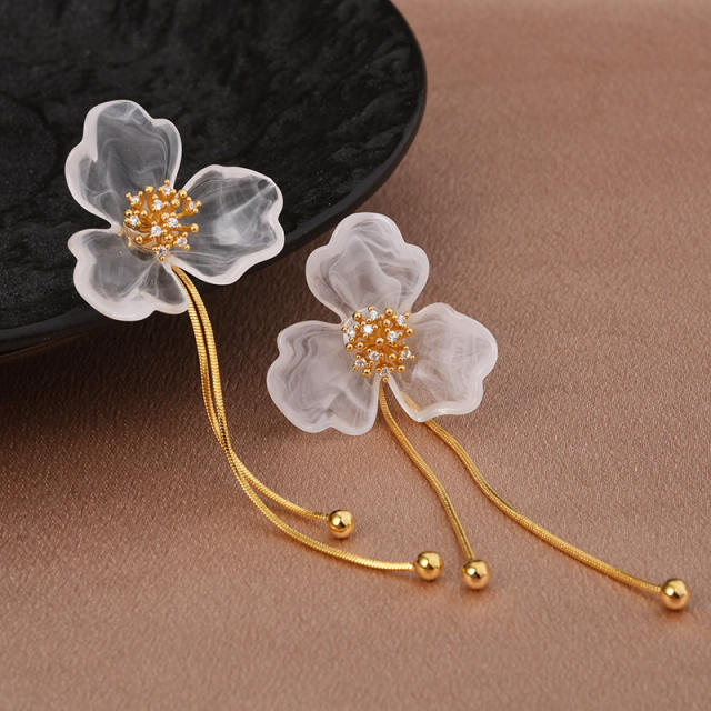 Elegant white acrylic petal flower copper tassel earrings