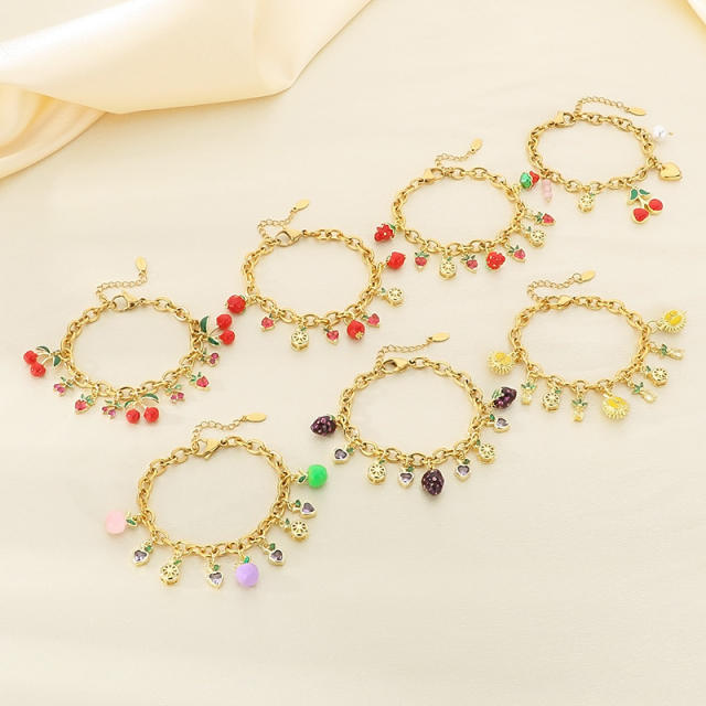 Summer Fresh Colorful Variety Fruit Series Zircon Strawberry stainless steel bracelet