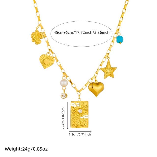 Chunky block heart star charm stainless steel necklace